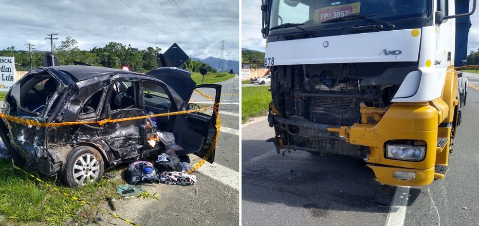 Carro de passeio foi atingido na lateral por caminhão na Rodovia Padre Manoel da Nóbrega, em Peruíbe — Foto: Rinaldo Rori/g1 Santos