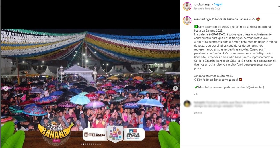 Prefeita de Teolândia publica imagens da primeira noite da Festa da Banana — Foto: Reprodução/Redes Sociais