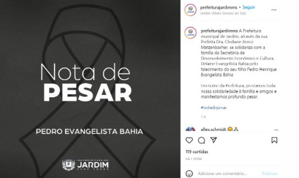  Prefeitura de Jardim emitiu nota de pesar — Foto: Redes sociais/ Reprodução