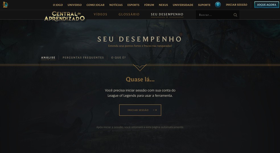 Acesse a página do "Seu Desempenho" do League of Legends e faça login (Foto: Reprodução/Murilo Molina)
