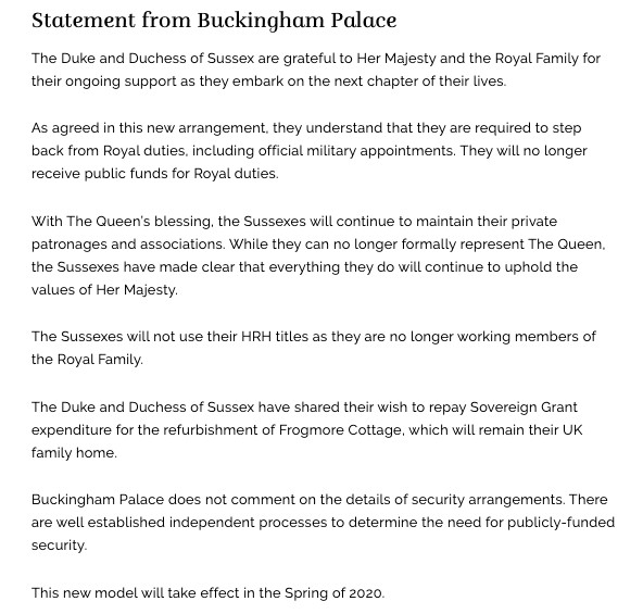 Palácio de Buckingham libera comunicado sobre a saída de  Meghan e Harry (Foto: Reprodução)