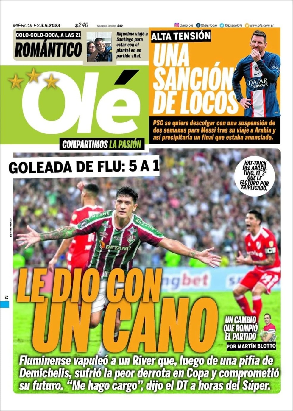 Cano na capa do Olé após Fluminense x River Plate — Foto: Reprodução