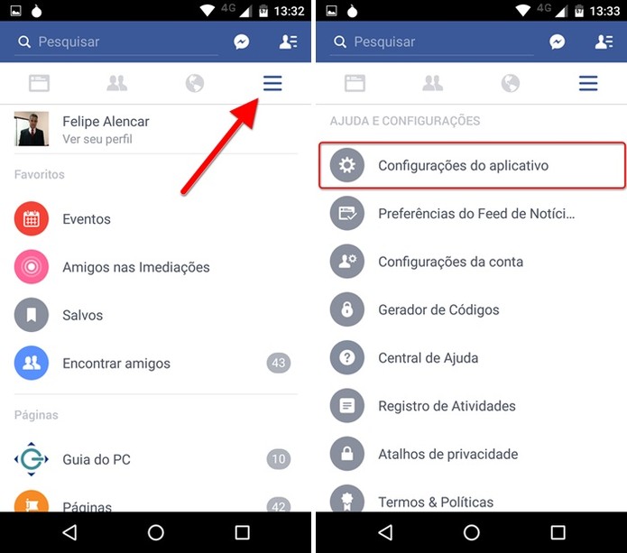 Acessando as configurações do aplicativo do Facebook (Foto: Felipe Alencar/TechTudo)