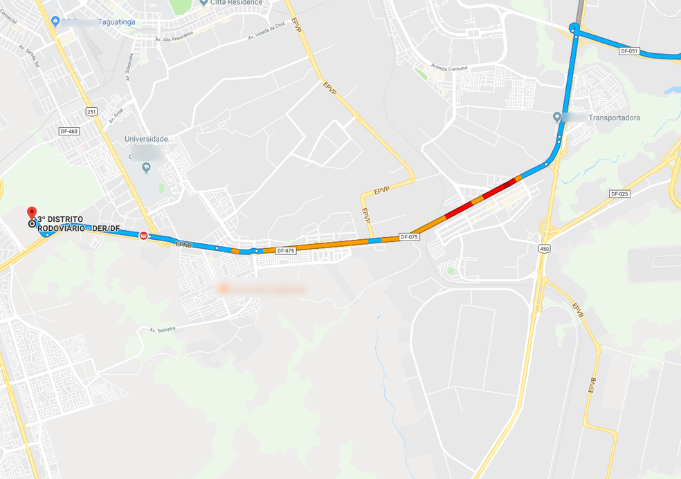 Mapa mostra traçado da EPNB e sede do 3º Distrito Rodoviário do DER-DF (Foto: Google/Reprodução)