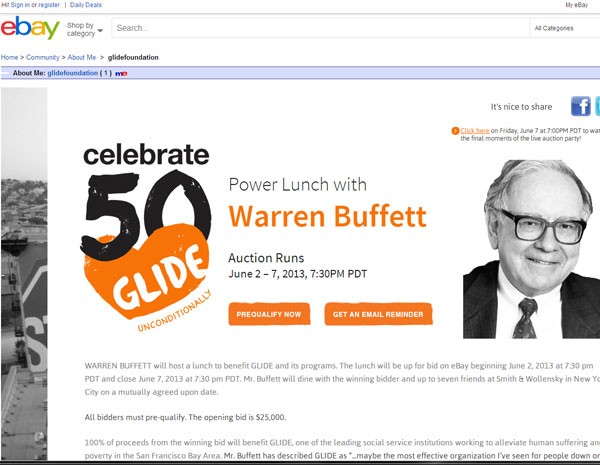 Leilão de almoço com Waren Buffet tem lance inicial de US$ 25 mil. (Foto: Reprodução/ eBay)