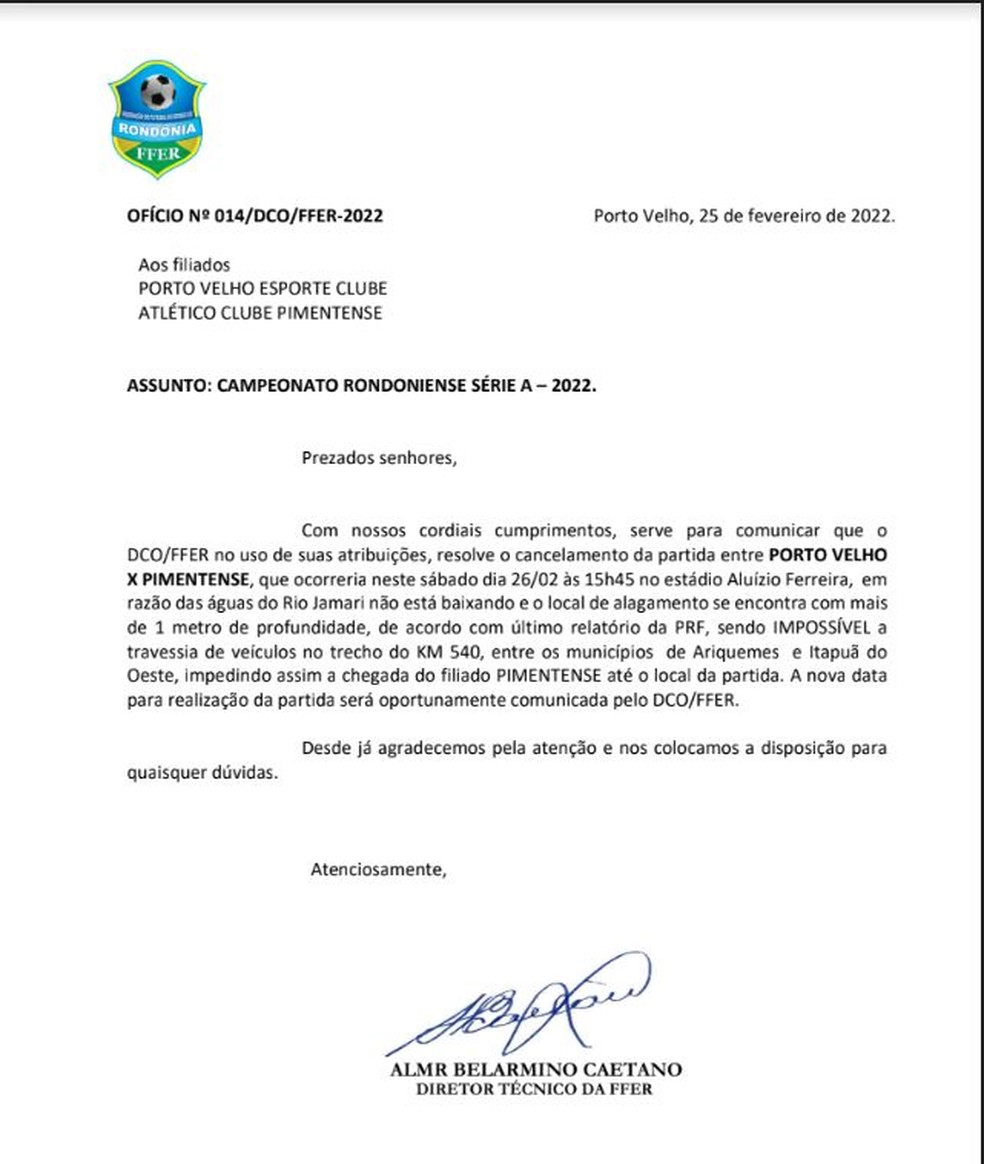 FFER confirma cancelamento do jogo entre Porto Velho x Pimentense — Foto: Divulgação