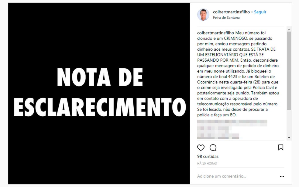 Vice-prefeito de Feira de Santana usou rede social para falar que teve celular clonado (Foto: ReproduÃ§Ã£o/Instagram)