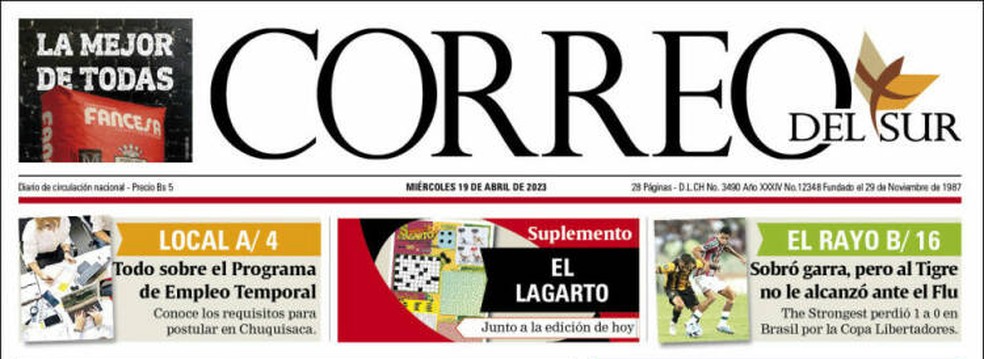 Correo del Sur, da Bolívia, repercute derrota do The Strongest para o Fluminense — Foto: Reprodução