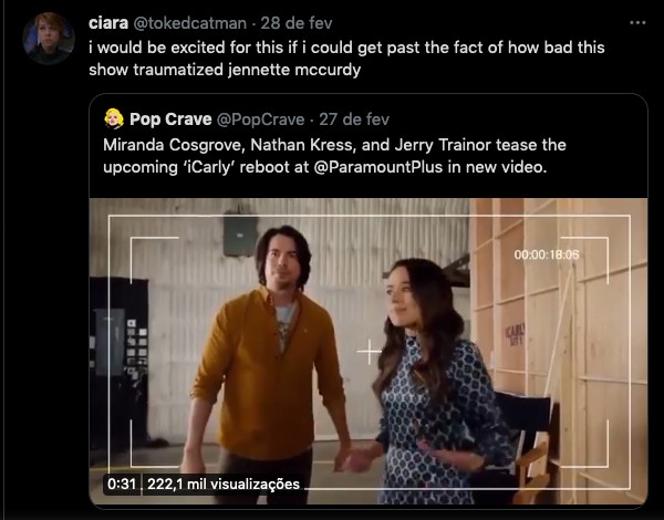 Um tuíte lamentando a ausência de Jennette McCurdy no revival de iCarly (Foto: Twitter)