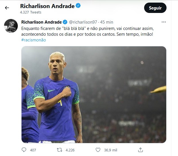 Richarlison se pronuncia após caso de racismo (Foto: Reprodução/Twitter)