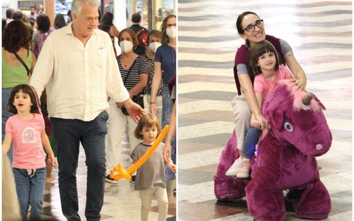 Pedro Bial e Maria Prata passeiam com as filhas em shopping no Rio