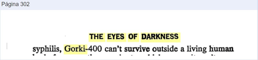 Páginas do romance The eyes of Darkness que mencionam Gorki-400 — Foto: G1 