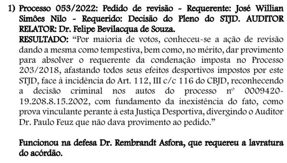 Resultado do julgamento dessa quinta-feira no Pleno do STJD — Foto: Reprodução / STJD