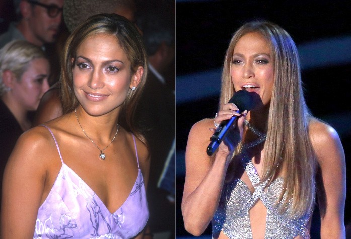 J.Lo tinha 30 aninhos na virada do milênio. Ao lado direito, a cantora está atualmente com 45. (Foto: Getty Images)