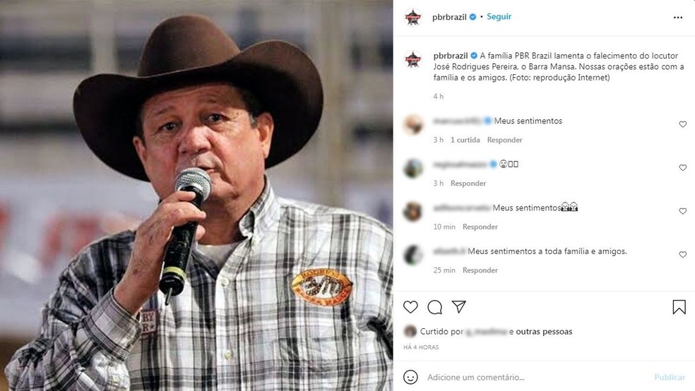 PBR Brazil lamentou a morte do locutor nas redes sociais — Foto: Reprodução/Instagram
