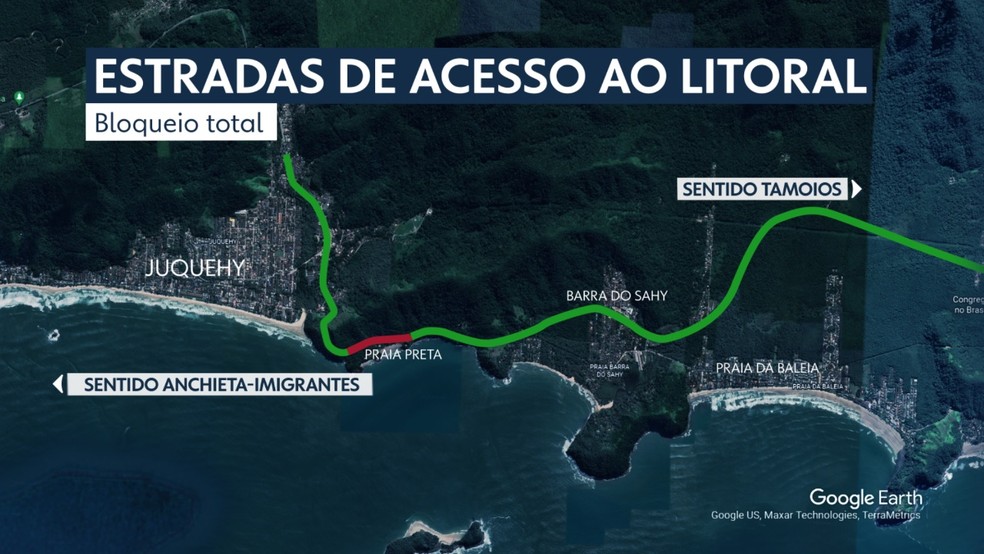 Drone mostra trecho completamente interditado da Rio-Santos na altura da Praia Preta — Foto: TV Globo