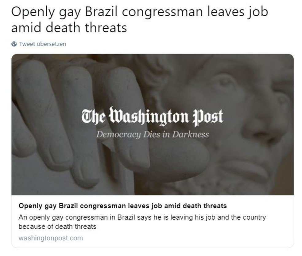 "Legislador brasileiro abertamente gay deixa posto em meio a ameaças de morte", diz o jornal — Foto: Reprodução/The Washington Post