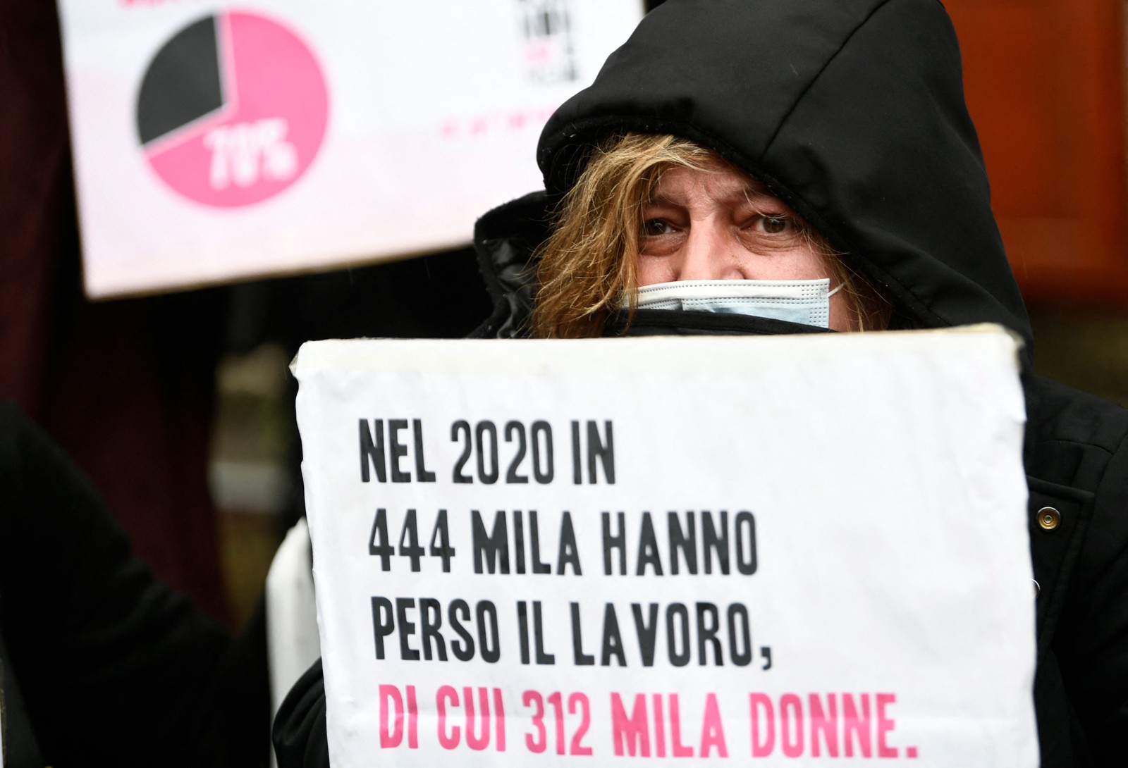 Uma mulher segura um cartaz que diz em italiano "em 2020, 312.000 dos 444.000 trabalhadores que perderam seus empregos eram mulheres", durante uma manifestação convocada pelo movimento Non una di Meno (Nem uma a menos) contra o entrecruzamento do patriarcado, neoliberalismo e racismo, em frente ao Ministério da Economia italiano por ocasião do Dia Internacional da MulherAFP