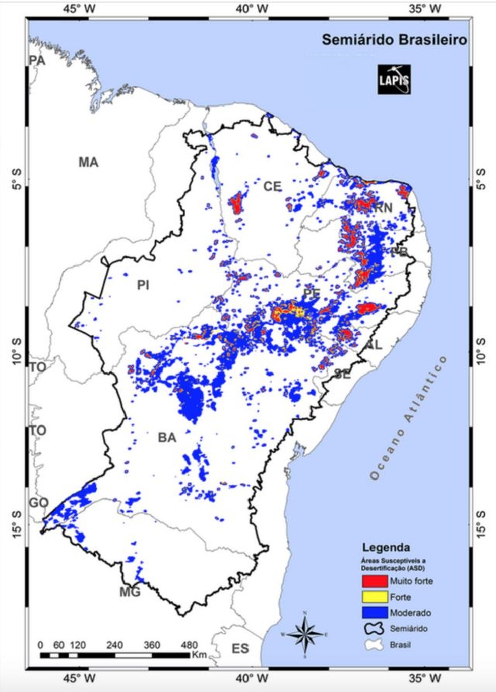 Mapa das áreas suscetíveis à desertificação no Semiárido brasileiro — Foto: LAPIS