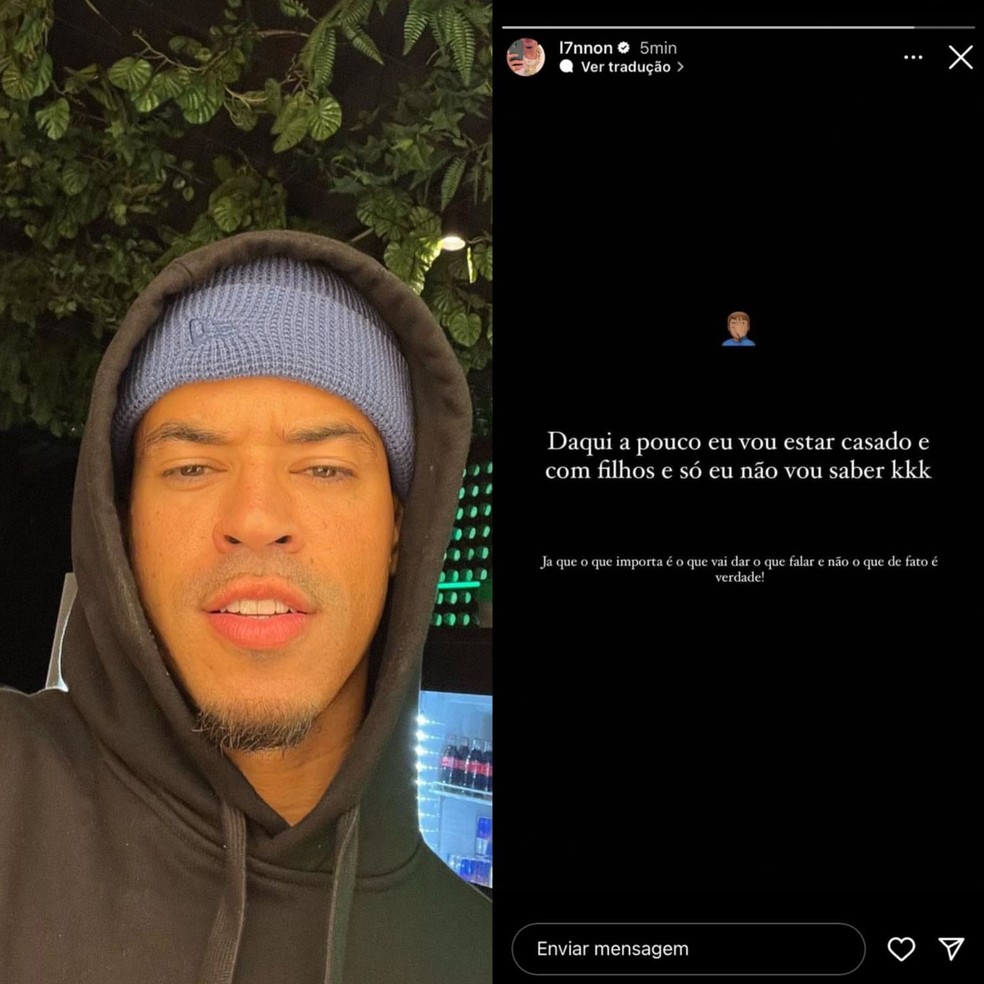 L7nnon em story ap&oacute;s boatos de affair com Bruna Marquezine &mdash; Foto: Reprodu&ccedil;&atilde;o/Instagram