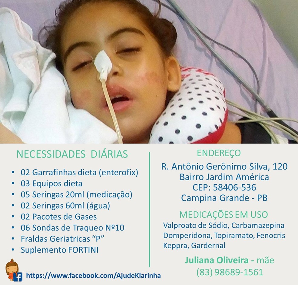 Campanha pede doa��es de itens necess�rios para sobreviv�ncia de Ana Klara (Foto: Juliana Oliveira/Arquivo Pessoal)