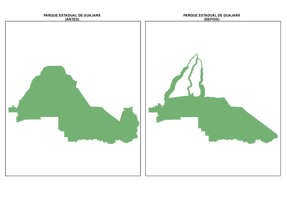 Parque Estadual Guajará-Mirim antes e depois da aprovação da Lei 1.089/21 — Foto: Ministério Público de Rondônia/Divulgação