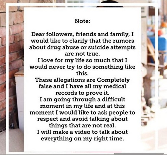 O post no qual Larissa dos Santos Lima nega ter tentado suicídio (Foto: Instagram)