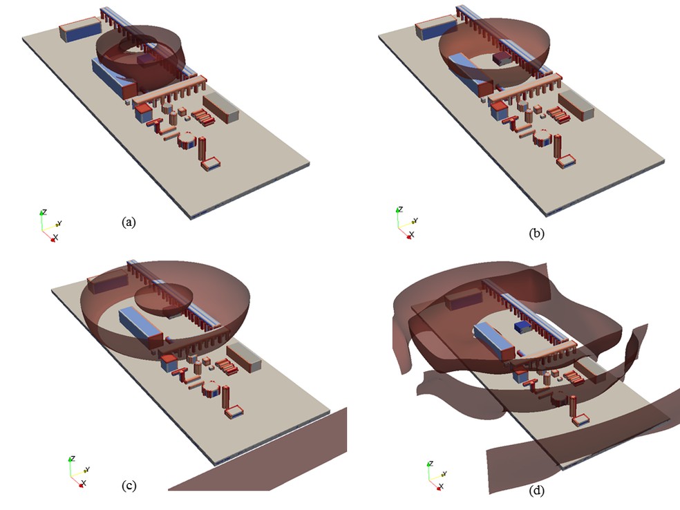 Simulando uma explosão: 'Onda de sobrepressão em quatro instantes de tempo numa área de processo' — Foto: Faculdade de Engenharia Química (FEQ)/Unicamp