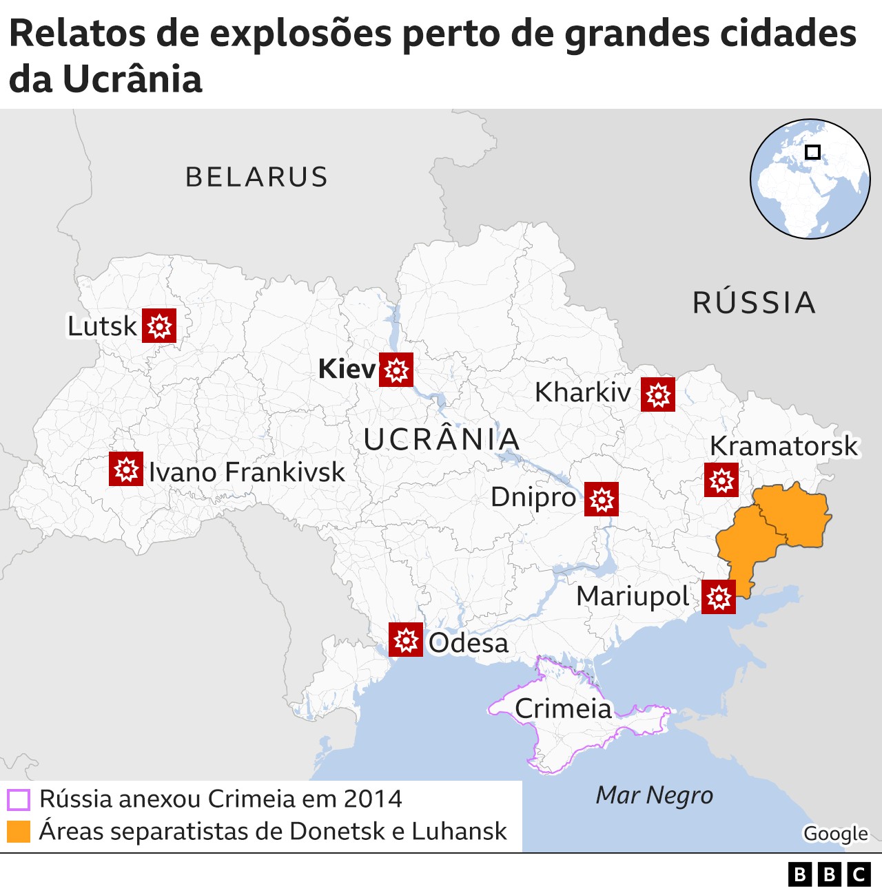 Mapa com relatos de explosões em cidades ucranianas (Foto: BBC News)