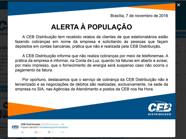 Em uma rede social, a CEB alertou os clientes sobre os casos de trote ocorridos no Distrito Federal (Foto: Twitter/Divulgação)