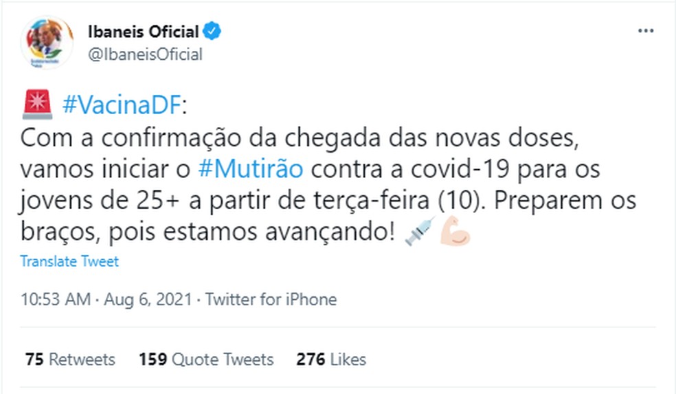Governador anunciou vacinação para jovens a partir de 25 anos — Foto: Twitter/Reprodução