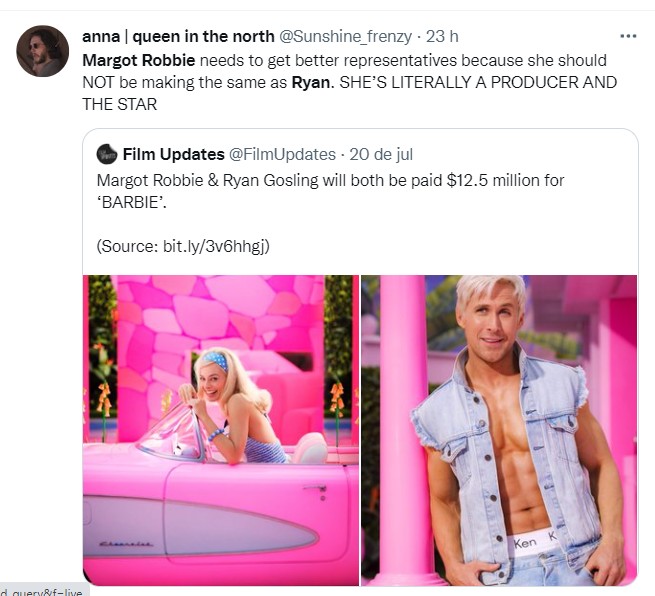 Fã reage a salários iguais de Margot Robbie e Ryan Gosling em Barbie (Foto: Reprodução Instagram)
