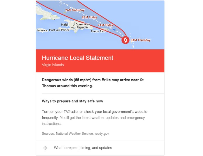Informações do Google são personalizadas conforme o local e a intensidade da tempestade (Foto: Divulgação/Google)