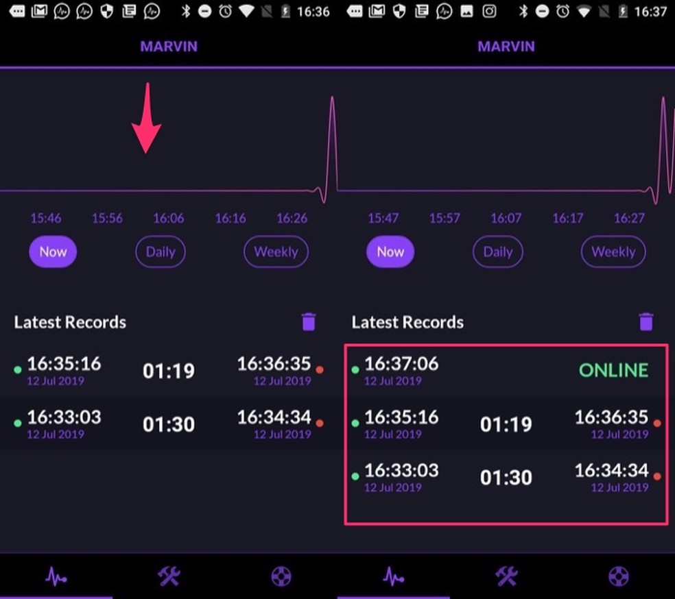 Tela como monitoramento de um contato do WhatsApp no aplicativo Rastreador on-line para WhatsApp — Foto: Reprodução/Marvin Costa