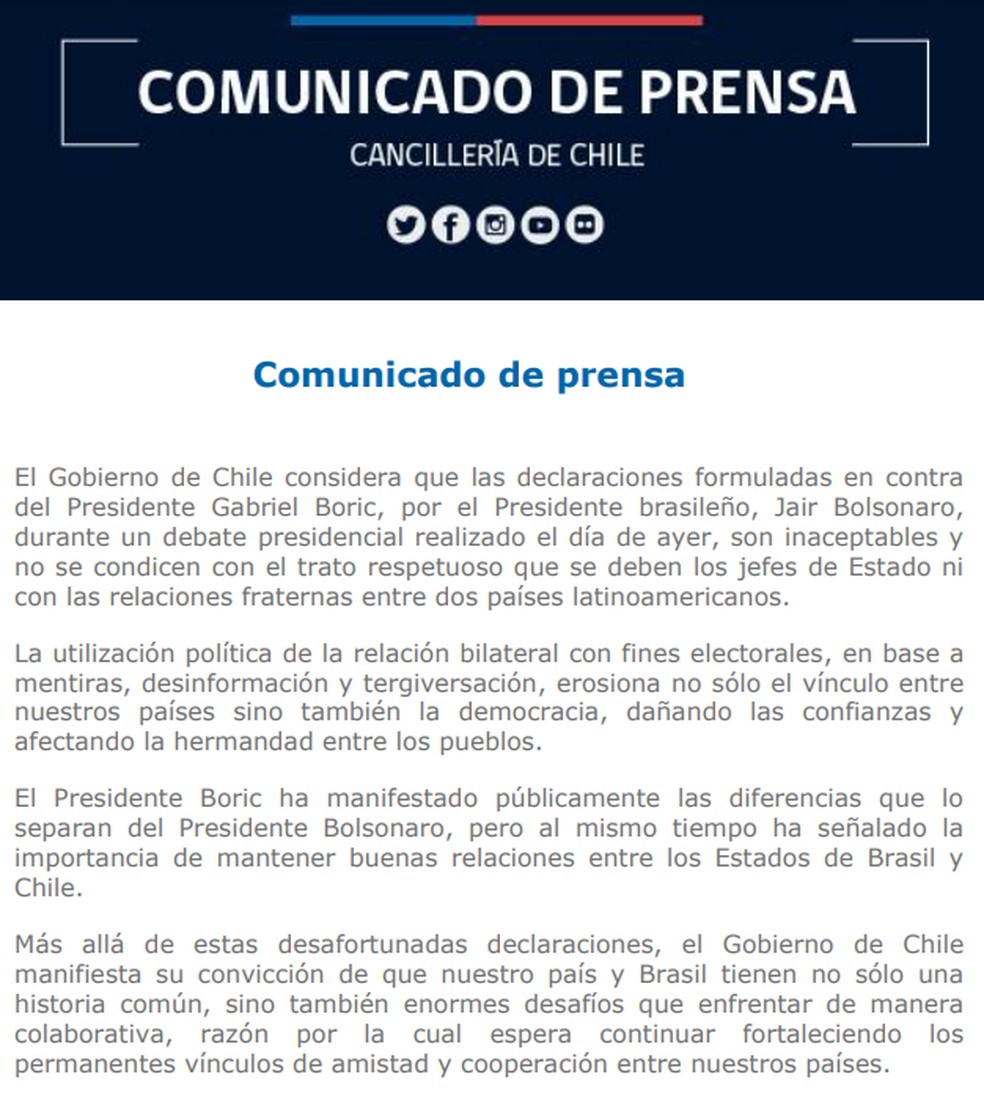 Imagem da nota do Ministério de Relações Exteriores do Chile em protesto a uma fala de Jair Bolsonaro — Foto: Reprodução