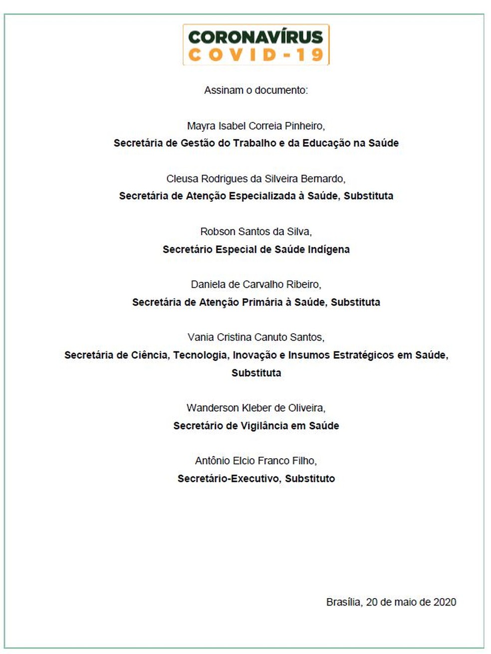 Em nova versão, secretários assinam documento sobre a cloroquina — Foto: Reprodução/Ministério da Saúde