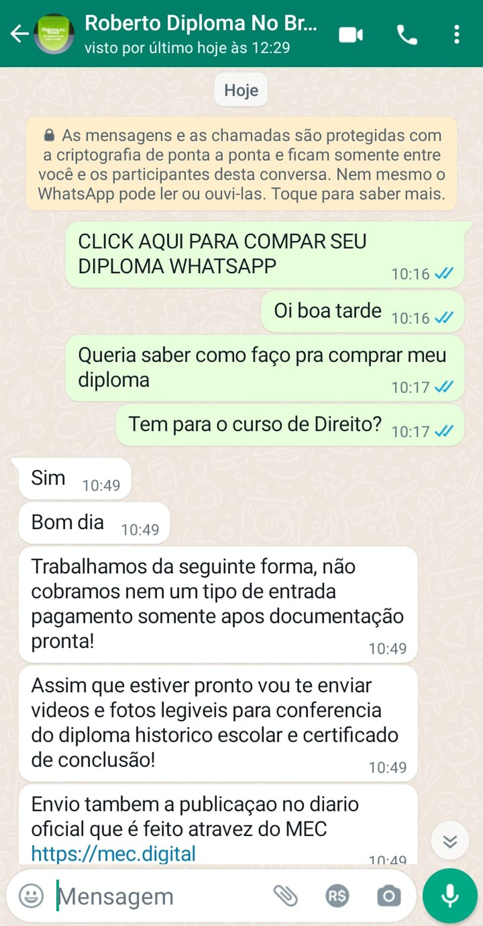 Print mostra como site que frauda diplomas age — Foto: Divulgação