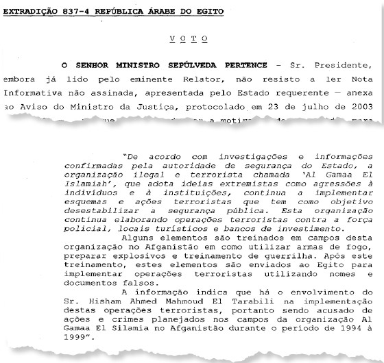 Documento do STF com o pedido de extradição de Hesham Eltrabily, feito pelo Egito, negado,  (Foto: Reprodução)