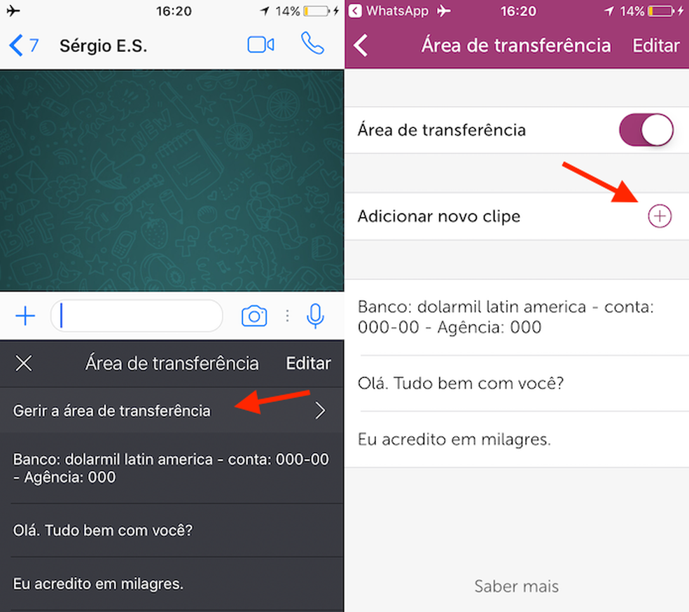 Caminho para acessar as opções para área de transferência do teclado SwiftKey para iPhone (Foto: Reprodução/Marvin Costa)