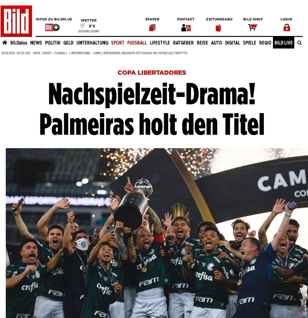 Jornal "Bild" destaca: "Drama nos acréscimos! Palmeiras fica com o título" — Foto: Reprodução/Bild