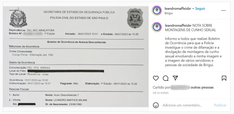 Prefeito de Birigui registra BO após divulgação de foto íntima e diz que 'nude' atribuído a ele é falso — Foto: Instagram/Reprodução
