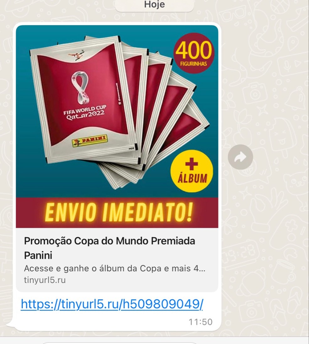 Golpe virtual com álbum da Copa do Mundo de 2022 — Foto: Reprodução/ Whatsapp