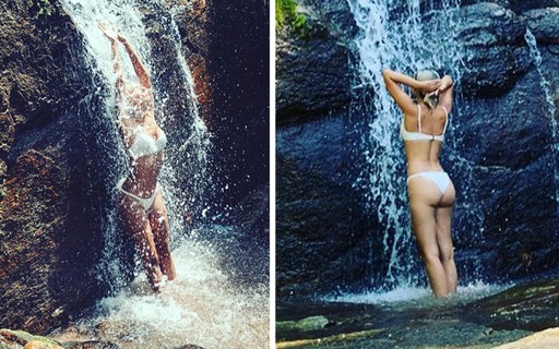 Marina Moschen toma banho de cachoeira em passeio com Mariana Ximenes