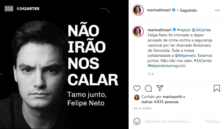Marina Lima presta apoio a Felipe Neto (Foto: Reprodução/Instagram)