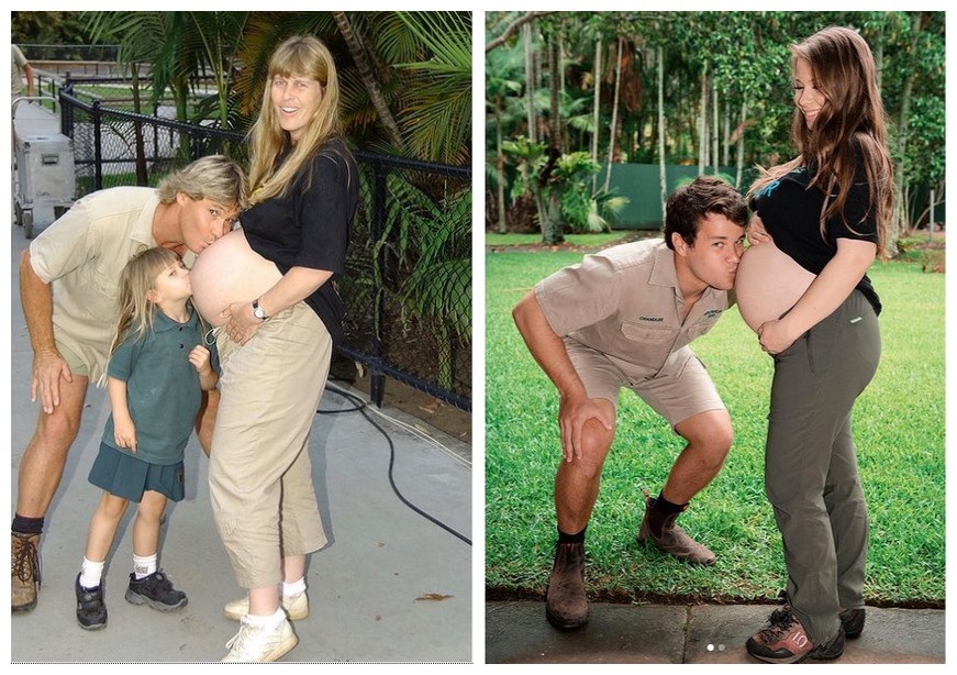 Bindi Irwin e o marido reproduziram a foto clássica com ela, o pai Steve Irwin e a mãe grávida do segundo filho (Foto: Instagram)