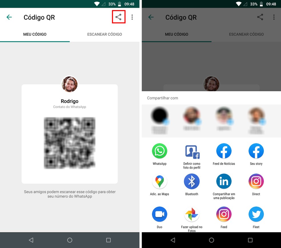 QR Code do WhatsApp pode ser compartilhado para outros contatos — Foto: Reprodução/Rodrigo Fernandes