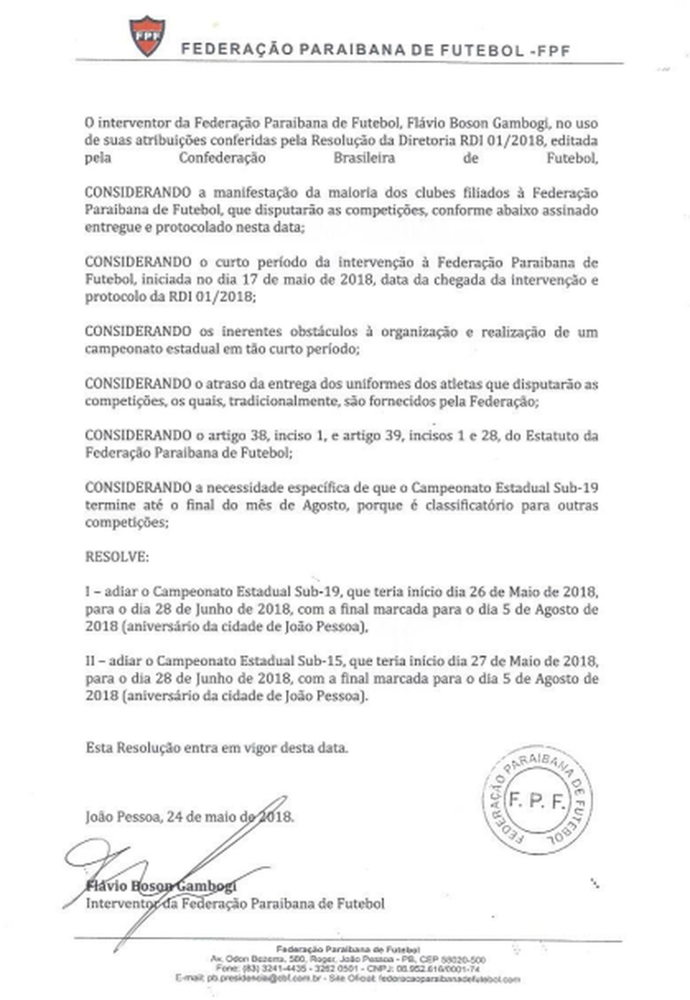 FPF confirma o adiamento dos campeonatos estaduais Sub-15 e Sub-19 da ParaÃ­ba (Foto: DivulgaÃ§Ã£o/FPF)