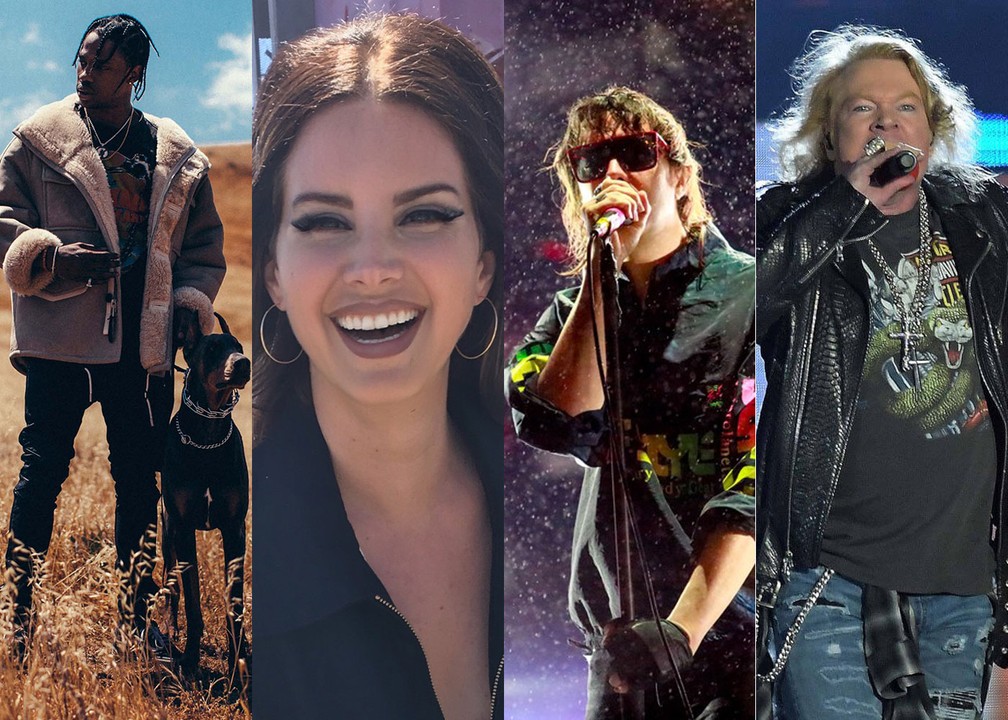 Travis Scott, Lana Del Rey, The Strokes e Guns N’ Roses são atrações do Lollapalooza 2020 — Foto: Divulgação e G1