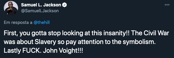 O tuíte de Samuel L. Jackson expressando sua revolta com a declaração de Jon Voight (Foto: Twitter)