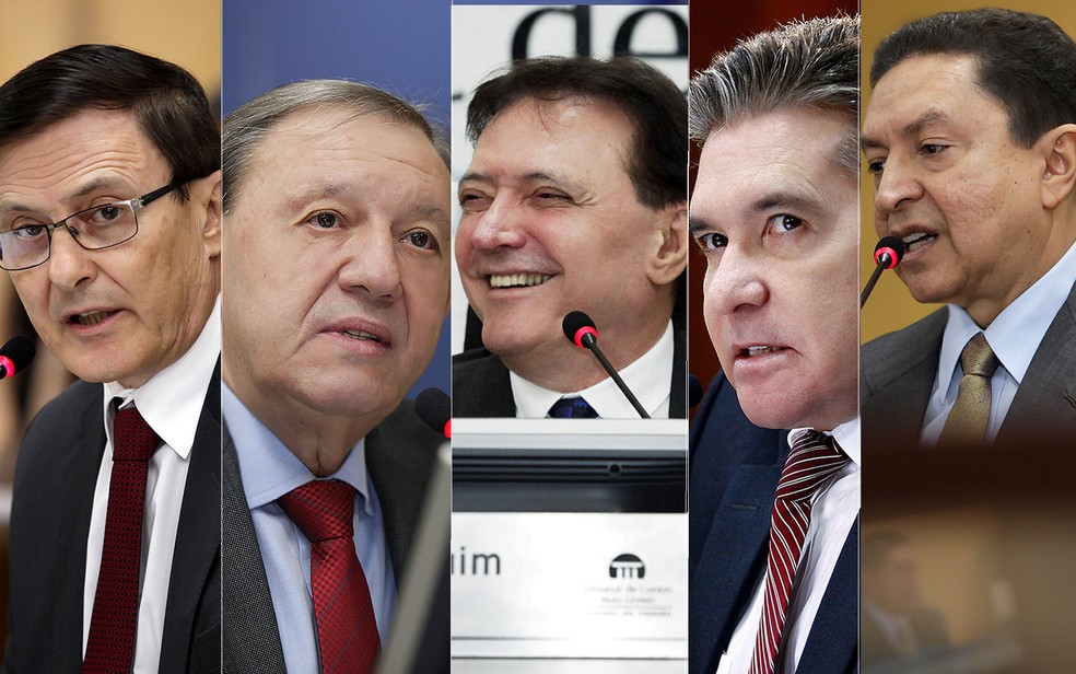 Foram afastados os conselheiros Waldir Teis, Jose Carlos Novelli, Antônio Joaquim, Sérgio Ricardo e Valter Albano (da esquerda para a direita) — Foto: TCE-MT